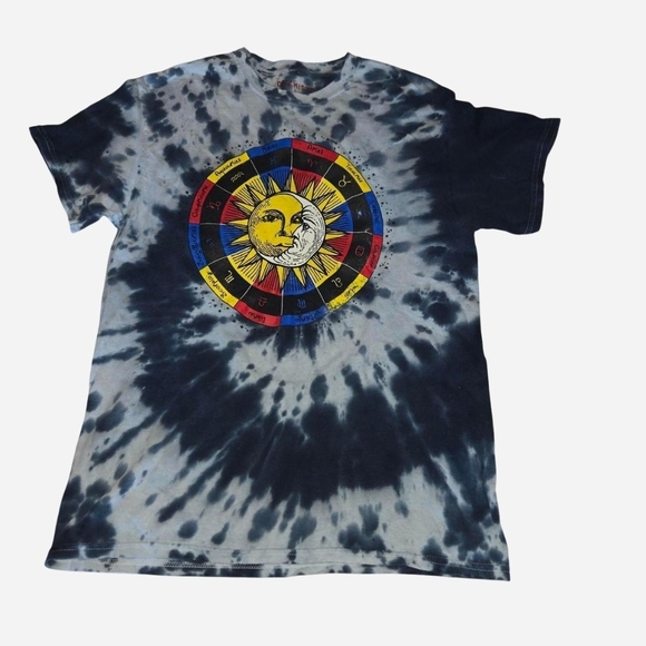 Navy Blue & Multicolored Tie-Dye T-Shirt w/ Sun, Moon & Zodiac Graphic – Size L - Picture 2 of 3